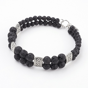 Natural Lava Rock Beads Multi-Strand Bracelets, with Tibetan Style Alloy Links, Steel Memory Wire and Brass Findings, 2-3/8 inch(59mm)