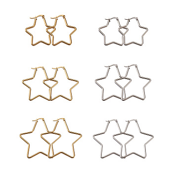 Titanium Steel Hoop Earrings, Star, Golden & Stainless Steel Color, 12 Gauge, 30x30x2mm, 24pcs/set