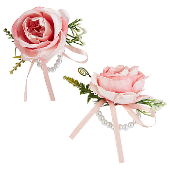 CRASPIRE 2Pcs Silk Wrist, with Plastic Imitation Flower and Imitation Pearl Stretch Bracelets, for Wedding, Party Decorations, Pink, 170x140mm, 2pcs/bag