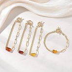 Rectangle Natural Amber Bead Link Bracelets, Brass Paperclip & Curb Chain Bracelets for Women, Real 18K Gold Plated, 7.68 inch(19.5cm)(BJEW-JB13365)