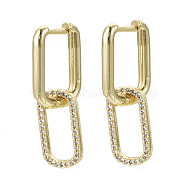 Brass Micro Pave Cubic Zirconia Dangle Huggie Hoop Earrings, Nickel Free, Oval, Real 16K Gold Plated, Clear, 28mm, Pin: 1mm(KK-R137-020A-NF)