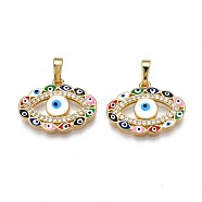 Brass Micro Pave Clear Cubic Zirconia Pendants, with Enamel and Brass Snap on Bails, Real 18K Gold Plated, Eye, Colorful, 15.5x21x3mm, Hole: 3x6mm, 5pcs/box(ZIRC-SZ0003-40)