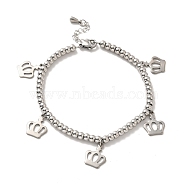 304 Stainless Steel Crown Charm Bracelet with 201 Stainless Steel Round Beads for Women, Stainless Steel Color, 8-5/8 inch(22cm)(BJEW-B057-23P)