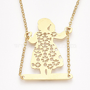 201 Stainless Steel Pendant Necklaces, with Cable Chains, Girl on The Swing, Golden, 27.5 inch(70.5cm), 2mm, Girl on The Swing: 39x30.5x1mm(NJEW-T009-JN112-2-70)