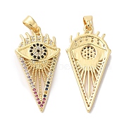 Brass Micro Pave Colorful Cubic Zirconia Pendants, Triangle with Eye Charm, Real 18K Gold Plated, 30x15x3mm, Hole: 5x2.5mm(KK-E068-VA226-2)