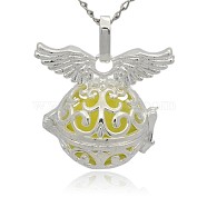 Silver Color Plated Brass Cage Pendants, Hollow Round with Wing, with No Hole Spray Painted Brass Round Ball Beads, Champagne Yellow, 31x30x21mm, Hole: 3x8mm(KK-J217-15S)