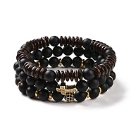 3Pcs Natural Black Agate(Dyed) and Coconut Beads Stretch Bracelets Set, Cross & Round Brass Micro Pave Cubic Zirconia Jewelry for Women Men, Inner Diameter: 2-1/8 inch(5.3cm)(BJEW-JB08933)