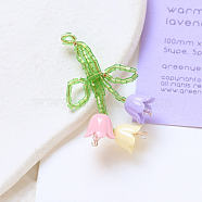 Glass Seed Braided Beaded Pendants, with Plastic Flower Beaded, Tulip Flower Charms, Pink, 47x30mm(INS-PW0001-22B-02)