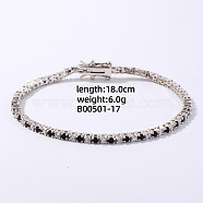 Fashionable Tennis Bracelets, Brass Sparkling Rhinestones Bracelets for Women, Platinum, Jet, 7-1/8 inch(18cm)(VD0232-5)