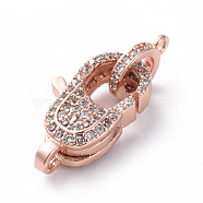 Brass Micro Pave Cubic Zirconia Lobster Claw Clasps, with Bail Beads/Tube Bails, Clear, Real Rose Gold Plated, 19x10.5x6mm, Hole: 1.2mm(ZIRC-G160-24RG)