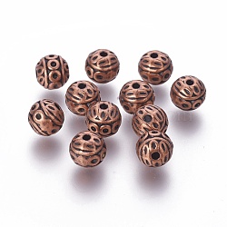 Tibetan Style Zinc Alloy Beads, Textured Round, Cadmium Free & Nickel Free & Lead Free, Red Copper, 8mm, Hole: 1mm(PALLOY-L230-01R-NR)