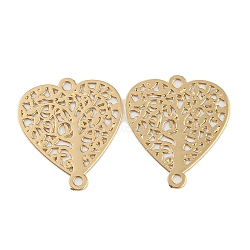 Rack Plating Brass Hollow Out Tree Connector Charms, Long-Lasting Plated, Heart Etched Metal Embellishments, Light Gold, 14.5x13x0.3mm, Hole: 1mm(KKC-D001-28KCG)