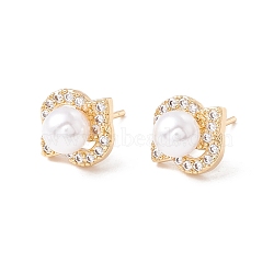 Cubic Zirconia Flower Stud Earrings with Acrylic Pearl, Brass Jewelry for Women, Lead Free & Cadmium Free, Real 18K Gold Plated, 10.5x11.5mm, Pin: 0.8mm(EJEW-F282-42G)