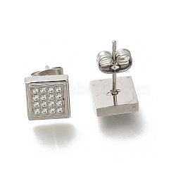 304 Stainless Steel Micro Pave Clear Cubic Zirconia Stud Earrings, Stainless Steel Color, Square, 8x8mm(EJEW-H018-03P-04)