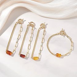 Rectangle Natural Amber Bead Link Bracelets, Brass Paperclip & Curb Chain Bracelets for Women, Real 18K Gold Plated, 7.68 inch(19.5cm)(BJEW-JB13365)