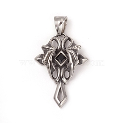 304 Stainless Steel Pendants, with Jet Rhinestone, Cross with Demon Wing, Antique Silver, 38x27x8.5mm, Hole: 8x5mm(STAS-I132-14AS)