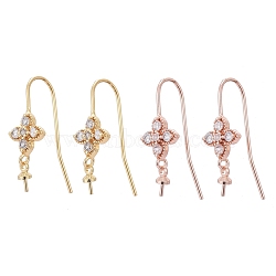 Brass Micro Pave Cubic Zirconia Earring Hooks, for Half Drilled Beads, Long-Lasting Plated, Flower, Clear, Mixed Color, 25mm, 21 Gauge, Pin: 0.7mm(KK-K244-34)