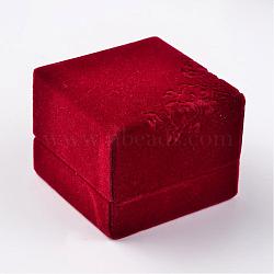 Square Velvet Ring Boxes, Flower Pattern, Jewelry Gift Boxes, Red, 6x6x5cm(VBOX-D004-01)