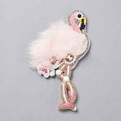 Computerized Embroidery Cloth Sew on Patches, Costume Accessories, with Faux Fur, Seed Beads and Crystal Rhinestone, Crane, Pink, 104x61x6mm(DIY-H100-04B)