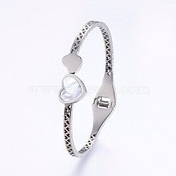 304 Stainless Steel Bangles, with Shell, Heart, Stainless Steel Color, 2-1/4 inch(5.7cm)x2 inch(5cm), 3~12mm(BJEW-P223-13P)