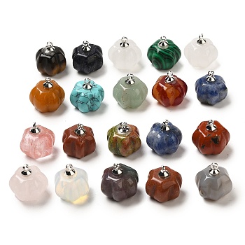 Natural & Synthetic Mixed Gemstone Pumpkin Charms with Platinum Tone Brass Bails, 14x14mm, Hole: 1.6mm