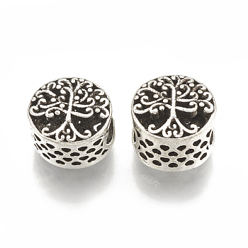 Tibetan Style Alloy Beads, Hollow, Large Hole Beads, Flat Round with Tree of Life, Antique Silver, 12x11x9mm, Hole: 5.5mm