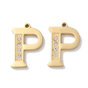 Real 14K Gold Plated 304 Stainless Steel Pendants, with Rhinestone, Letter P, 18x12.5x2mm, Hole: 1.2mm