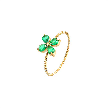 Golden Stainless Steel with Green Cubic Zirconia Finger Ring, Flower, 1.1mm, Inner Diameter: 18.6mm, Flower: 7.9mm