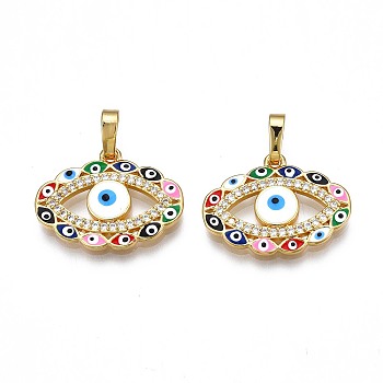 Brass Micro Pave Clear Cubic Zirconia Pendants, with Enamel and Brass Snap on Bails, Real 18K Gold Plated, Eye, Colorful, 15.5x21x3mm, Hole: 3x6mm, 5pcs/box