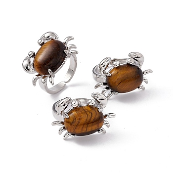 Natural Tiger Eye Crab Open Cuff Ring, Platinum Brass Jewelry for Women, Cadmium Free & Lead Free, US Size 7 1/4(17.5mm)