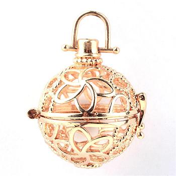 Rack Plating Brass Cage Pendants, For Chime Ball Pendant Necklaces Making, Hollow Round with Flower, Light Gold, 31x28x24mm, Hole: 6x6mm, inner measure: 21mm