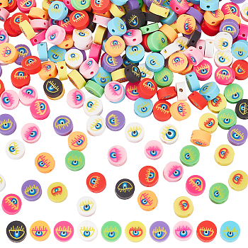 CHGCRAFT 300Pcs 10 Colors Handmade Polymer Clay Beads, Flat Round with Evil Eye, Mixed Color, 9.5~10x4.5mm, Hole: 1.6mm, 30pcs/color