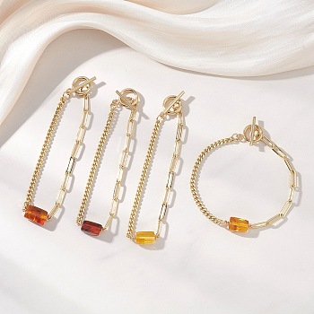 Rectangle Natural Amber Bead Link Bracelets, Brass Paperclip & Curb Chain Bracelets for Women, Real 18K Gold Plated, 7.68 inch(19.5cm)