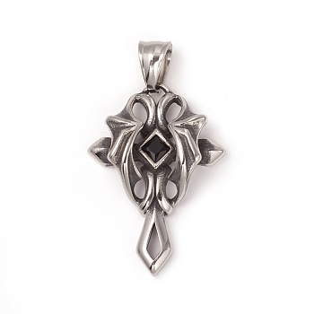 304 Stainless Steel Pendants, with Jet Rhinestone, Cross with Demon Wing, Antique Silver, 38x27x8.5mm, Hole: 8x5mm