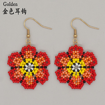 Bohemian Style Glass Beaded Flower Fashion Dangle Earrings, Multiple Options Available, Golden, Red, 34x34mm