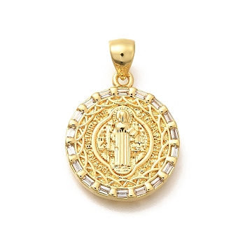 Religion Themed Rack Plating Brass Micro Pave Cubic Zirconia Pendants, Long-Lasting Plated, Lead Free & Cadmium Free, Mixed Shape Charms, Flat Round, 21x17.5x3.5mm, Hole: 5x3mm