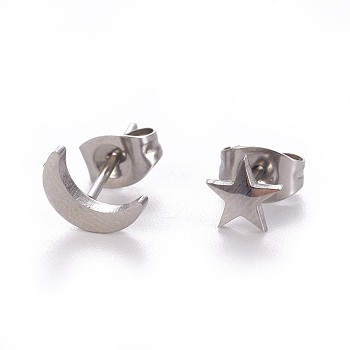 304 Stainless Steel Stud Earrings, Hypoallergenic Earrings, with Ear Nuts/Earring Back, Moon & Star, Stainless Steel Color, 8x5mm, 6x6mm, Pin: 0.8mm, 12sets/card