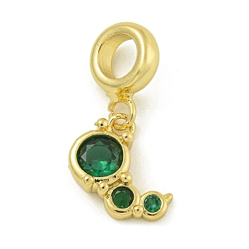 Rack Plating Brass Pave Green Cubic Zirconia Insects European Dangle Charms, Large Hole Pendants, Lead Free & Cadmium Free, Long-Lasting Plated, Real 18K Gold Plated, 10.5x12x3.8mm, Hole: 4.6mm