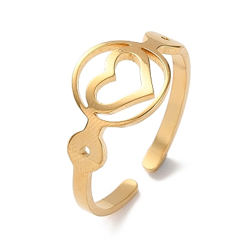 Golden 304 Stainless Steel Open Cuff Rings, Hollow, Heart, Inner Diameter: 18.8mm