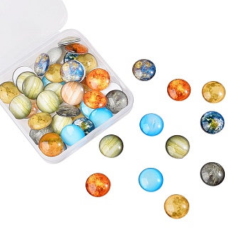 Luminous Glass Cabochons, Planet Pattern, Half Round, Mixed Color, 14x5mm, 50pcs/box