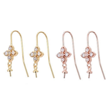 Brass Micro Pave Cubic Zirconia Earring Hooks, for Half Drilled Beads, Long-Lasting Plated, Flower, Clear, Mixed Color, 25mm, 21 Gauge, Pin: 0.7mm