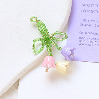 Glass Seed Braided Beaded Pendants, with Plastic Flower Beaded, Tulip Flower Charms, Pink, 47x30mm