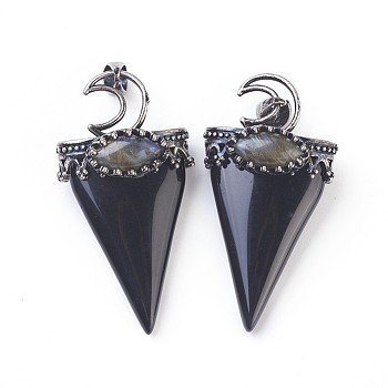 Natural Obsidian Big Pendants, with Brass Findings, Triangle, Antique Silver, 53~58x28~29x16~18mm, Hole: 5x7mm