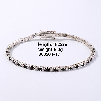 Fashionable Tennis Bracelets, Brass Sparkling Rhinestones Bracelets for Women, Platinum, Jet, 7-1/8 inch(18cm)