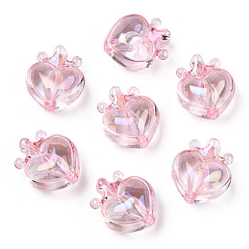 UV Plating Transparent Rainbow Iridescent Acrylic Beads, Heart with Crown, Pink, 24.5x21.5x14mm, Hole: 3mm