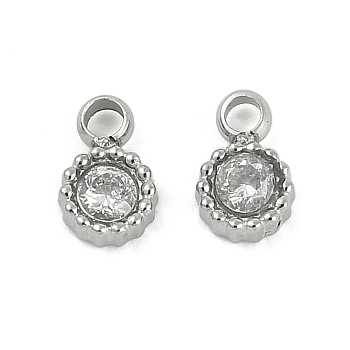 304 Stainless Steel Micro Pave Cubic Zirconia Pendants, Ion Plating(IP), Flat Round Charms, Stainless Steel Color, 5x3.5x1.5mm, Hole: 1.2mm