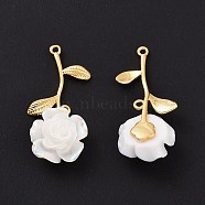Acrylic Pendants, with Brass Findings, Real 18K Gold Plated, Rose Charm, White, 32.5x15x7mm, Hole: 1.2mm(KK-E068-VC160)