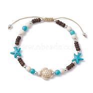 Starfish & Tortoise Synthetic Turquoise Braided Bead Anklets, Nylon Cord Adjustable Bracelets, Floral White, Inner Diameter: 2-7/8~3-7/8 inch(7.3~9.7cm)(AJEW-AN00564-01)