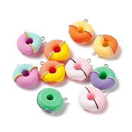 Two Tone Opaque Imitation Food Resin Pendants, with Platinum Tone Iron Loops, Donut Charms, Mixed Color, 27x25.5x10.5mm, Hole: 2mm(RESI-G046-13P)