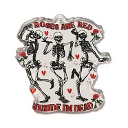 Acrylic Pendants, Valentine's Day Heart, ROSES ARE RED INSIDE I'M DEAD, Skeleton, 37x35x2.2mm, Hole: 1.6mm(OACR-B016-01C)